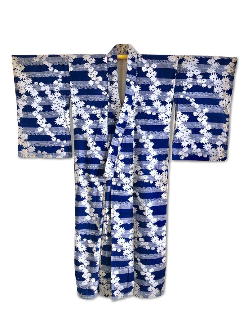 Daisy Chain womens indigo navy blue cotton yukata kimono white flowers ...