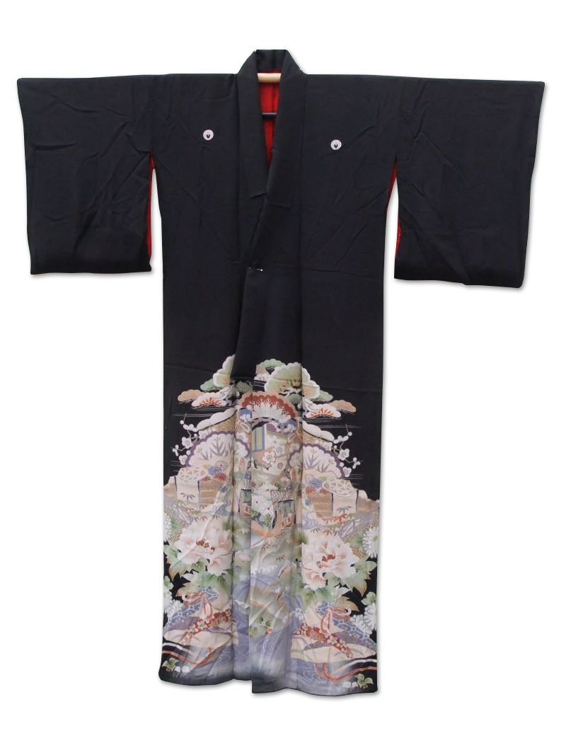 Dancing in The Moonlight antique black crepe silk kimono peony ...
