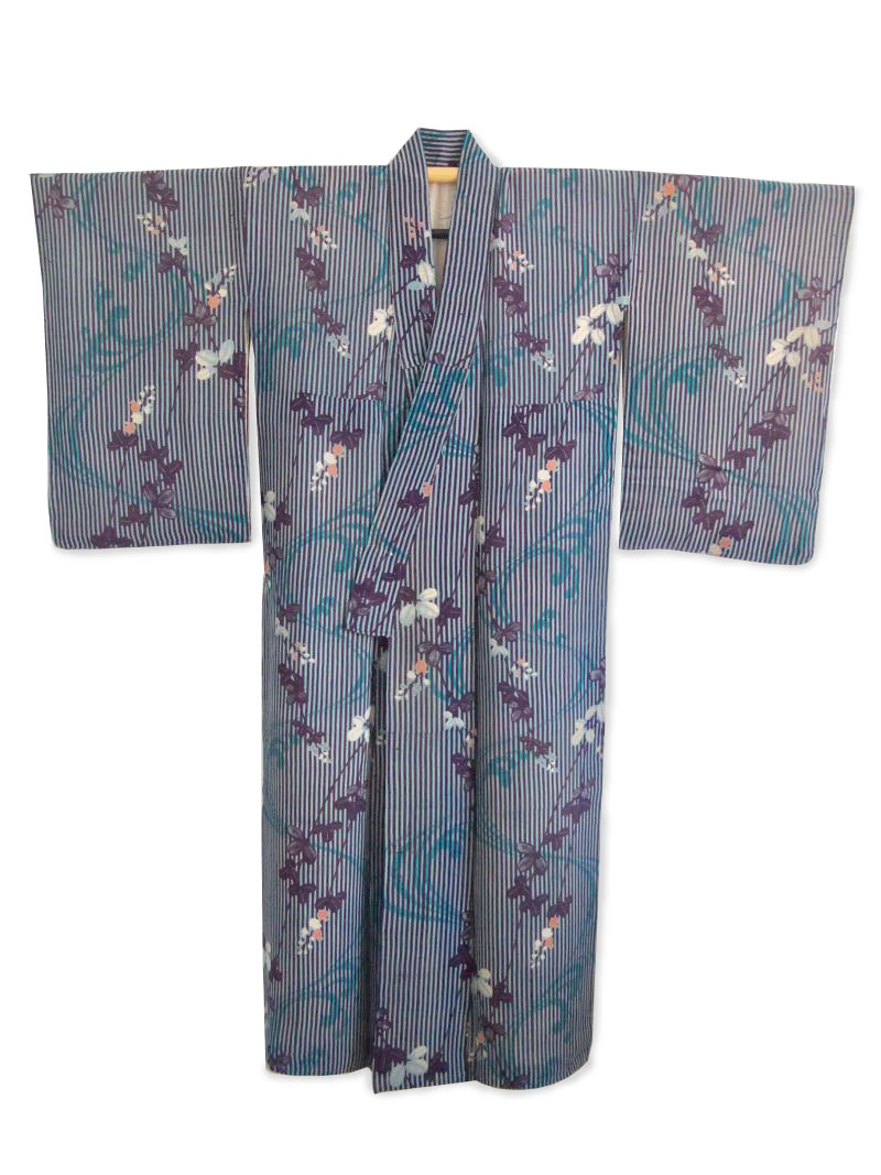 Four Seasons bluish grey antique kimono floral & stripe pattern ...