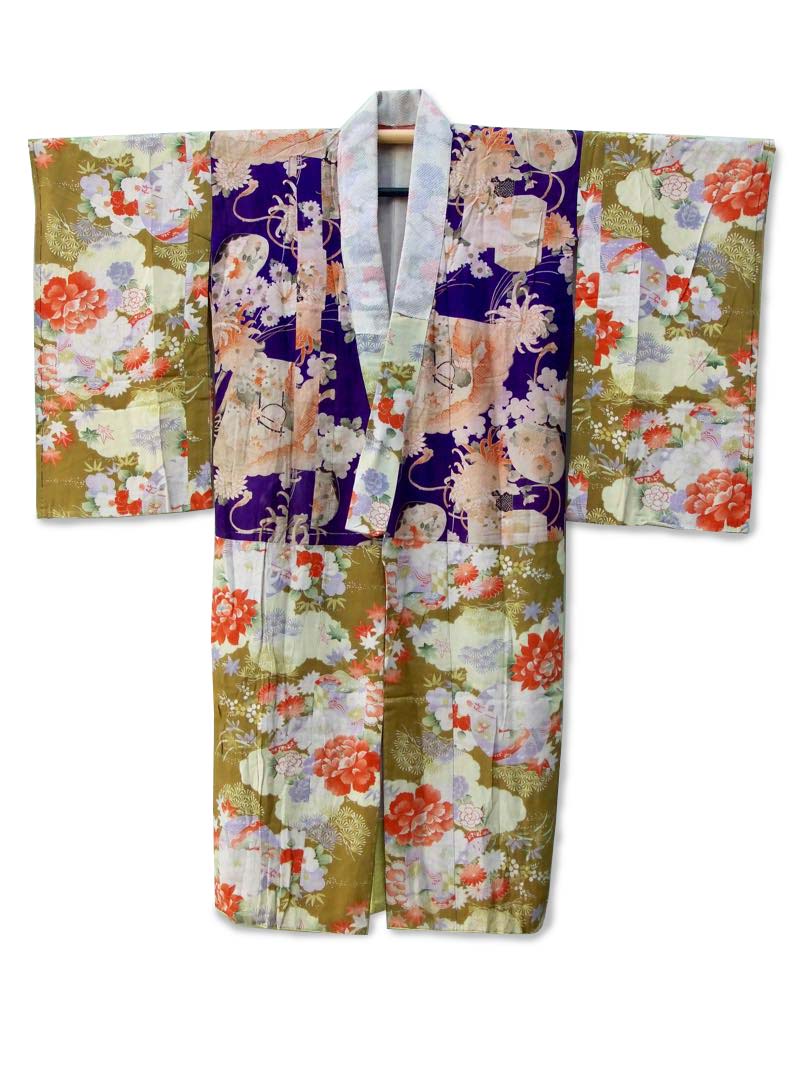 Kyoto Gion purple & golden olive womens floral silk blend kimono ...