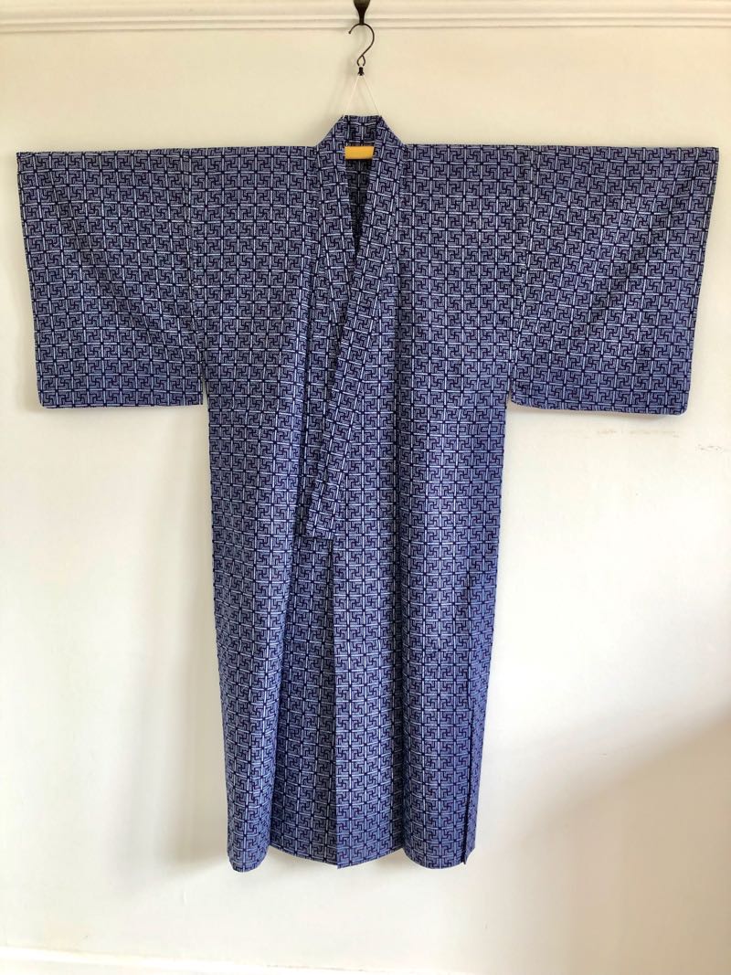 Blockchain men's navy blue & white cotton yukata kimono geometric