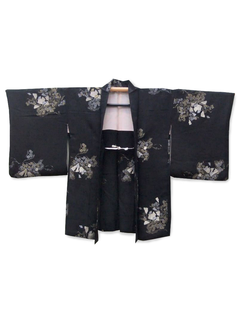 Moonflower womens black silk haori kimono jacket gold & silver floral ...