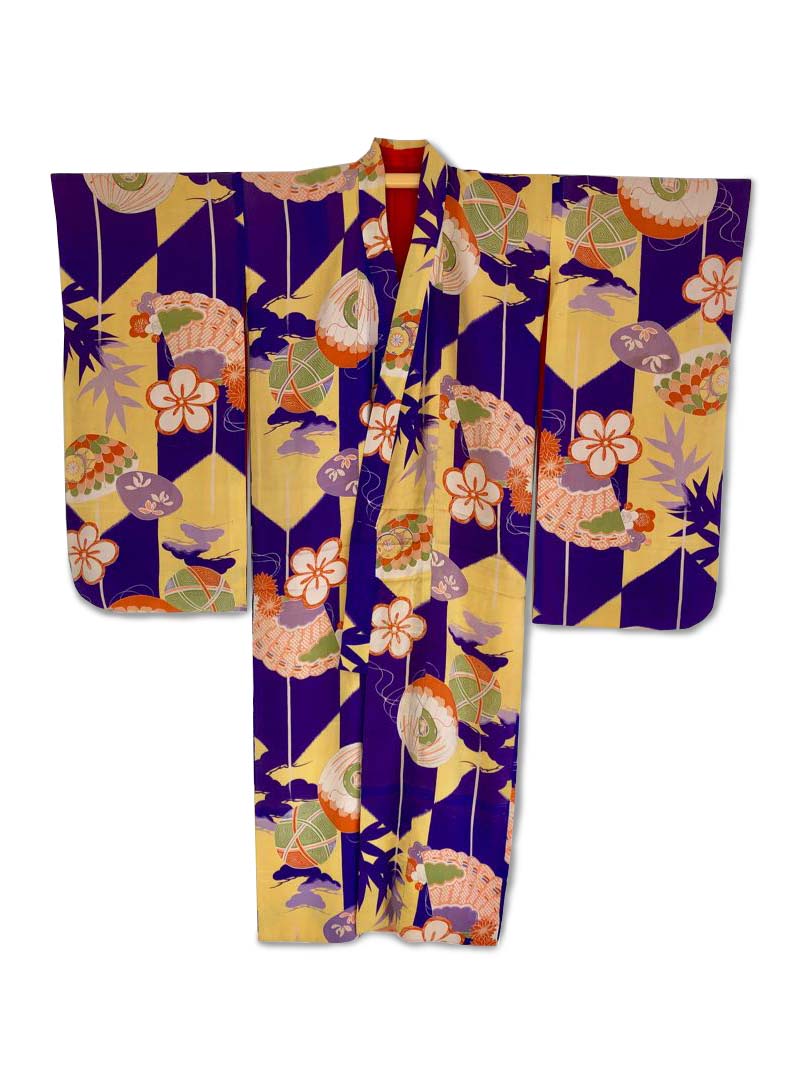 Savannah girls yellow & purple yabane & floral pattern silk kimono ...