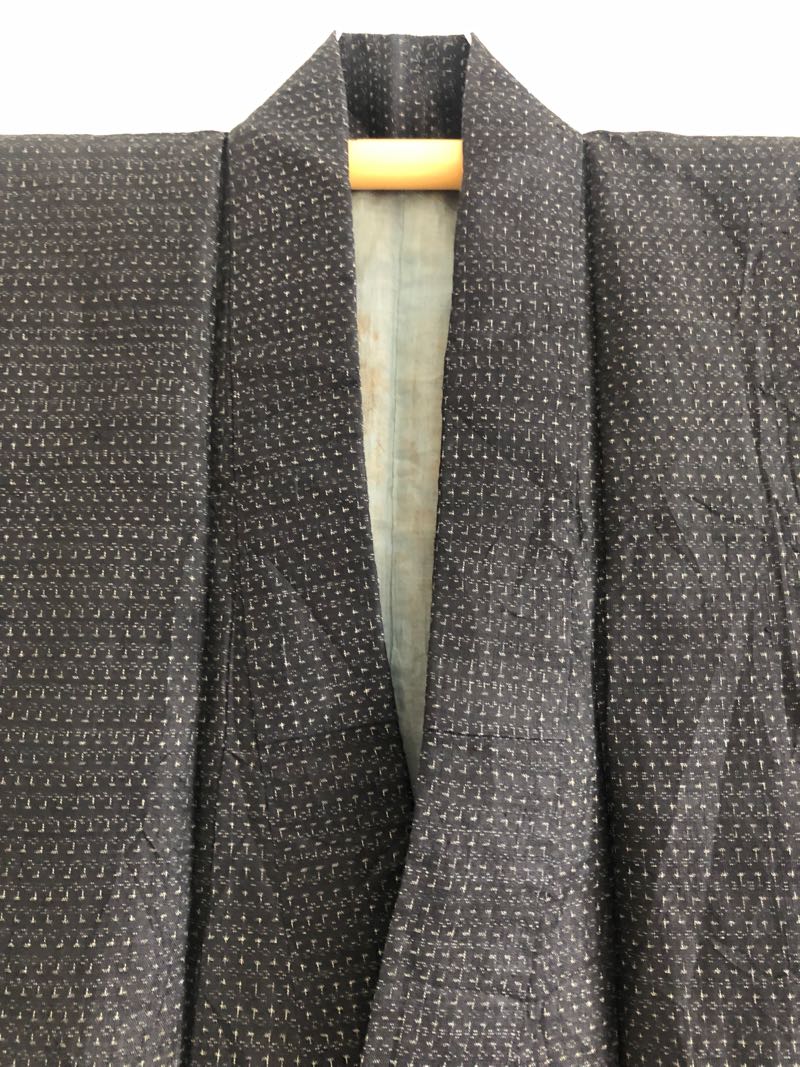 Seven Samurai men's dark navy blue hemp kimono grey pinstripes pattern - Vintage kimono from ...