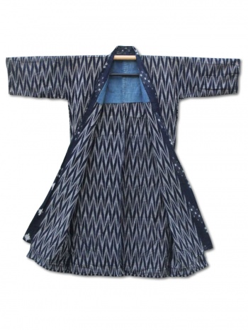 Indigo Noragi Kasuri Ikat Kimono:  Masamune