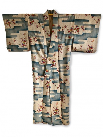 Morning Glory womens creme & state blue beige vintage silk kimono ...